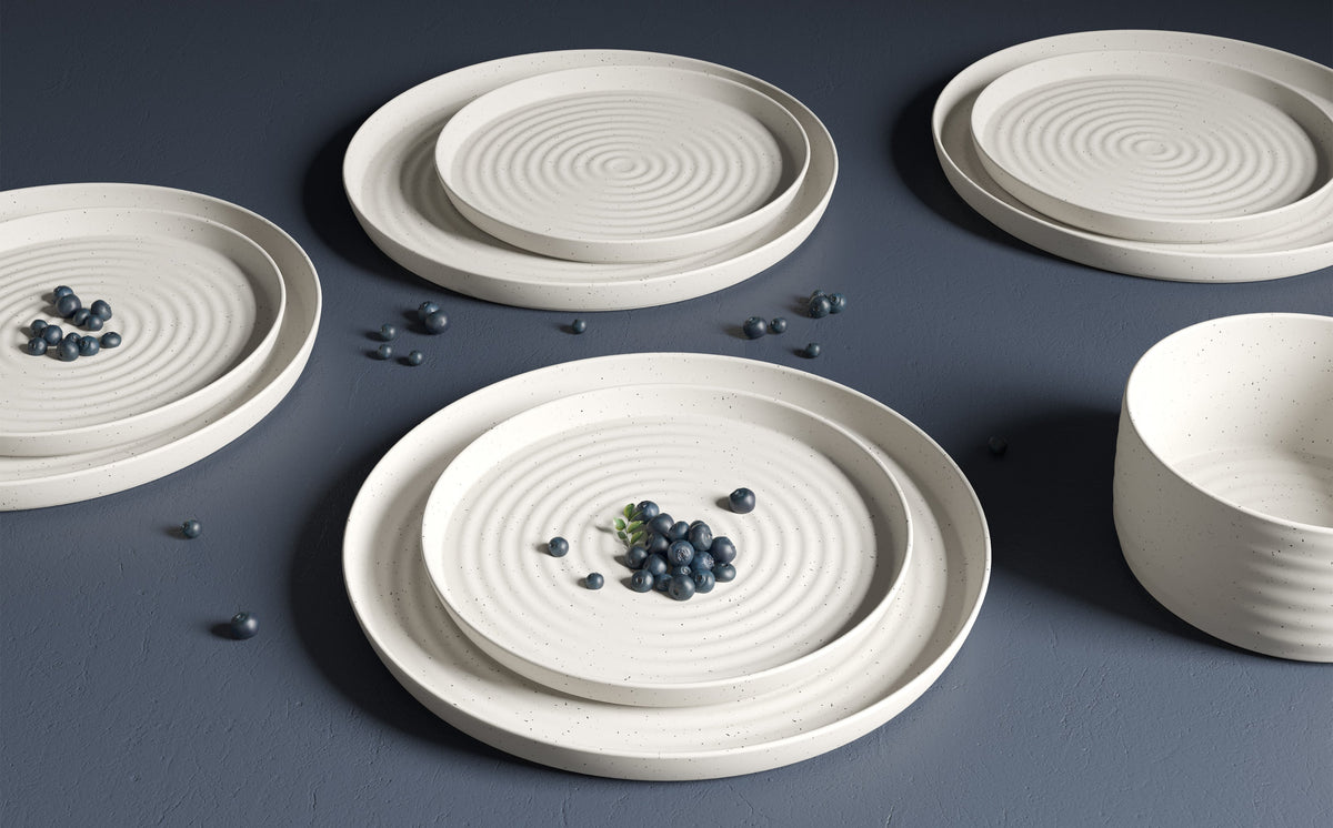 Dinnerware Set, 12-Piece, Stoneware, Speckled Off-White, Ribbed – Rachel