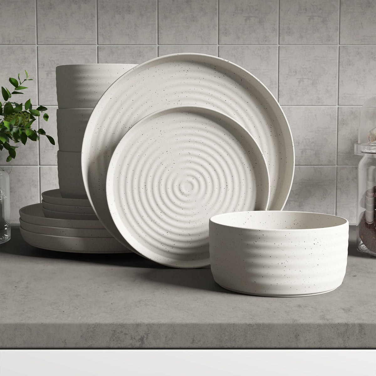 Dinnerware Set, 12-Piece, Stoneware, Speckled Off-White, Ribbed – Rachel
