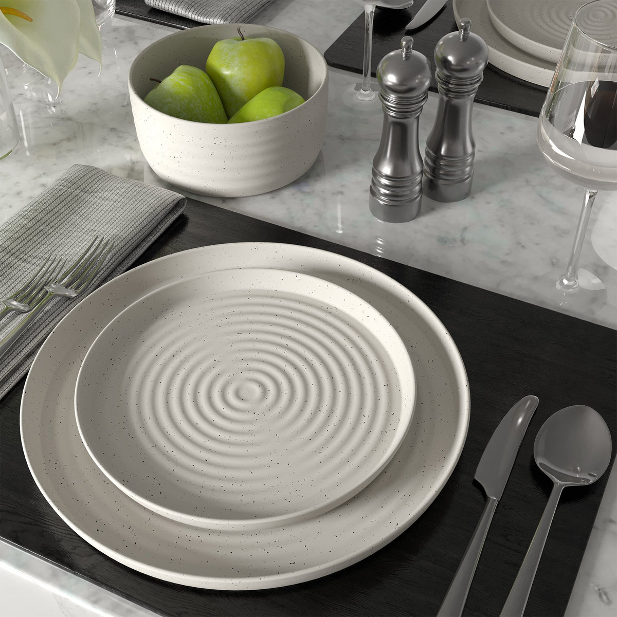 Dinnerware Set, 12-Piece, Stoneware, Speckled Off-White, Ribbed – Rachel