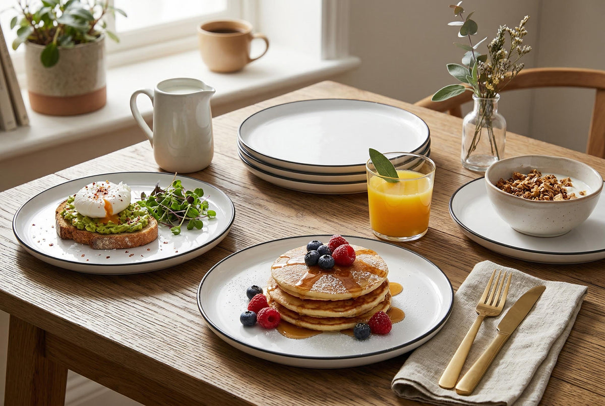 Dinner Plates, Set of 4, Stoneware, 26.5 cm (10.4 in), White with Black Rim – Bistro