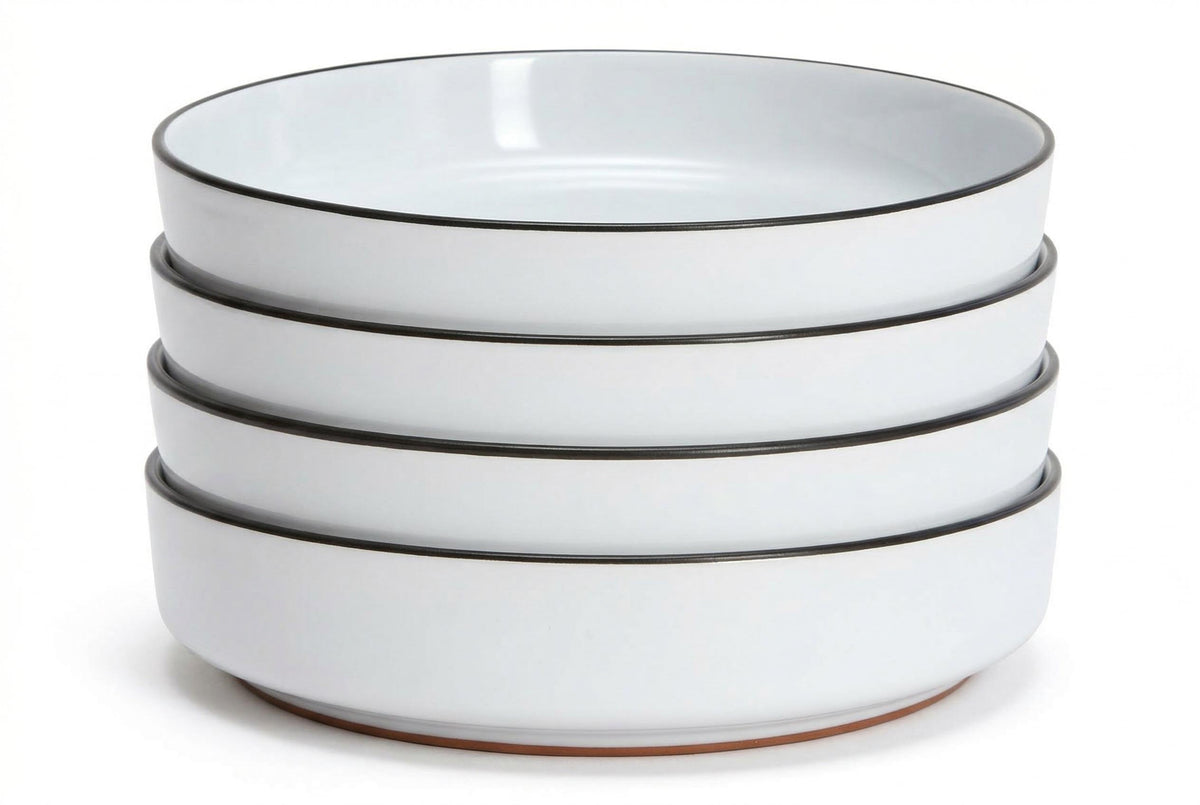 Pasta Bowls, Set of 4, Stoneware, 20 cm (7.9 in), White with Black Rim – Bistro