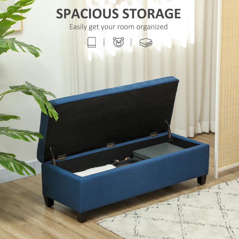 Rectangular Entry Bench, Tufted Upholstered Linen Fabric Wood Feet Storage Ottoman Bench, Blue