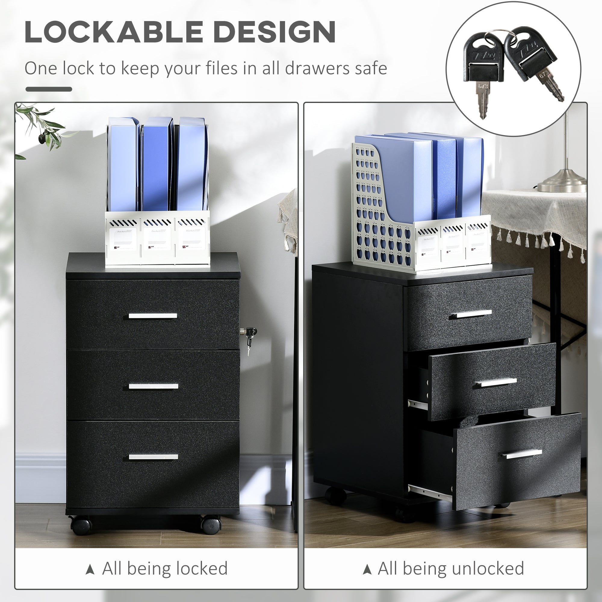 Vinsetto 3 Drawer Mobile Filing Cabinet with Lock and Keys Wheels for Home Office Storage Organizer Black 