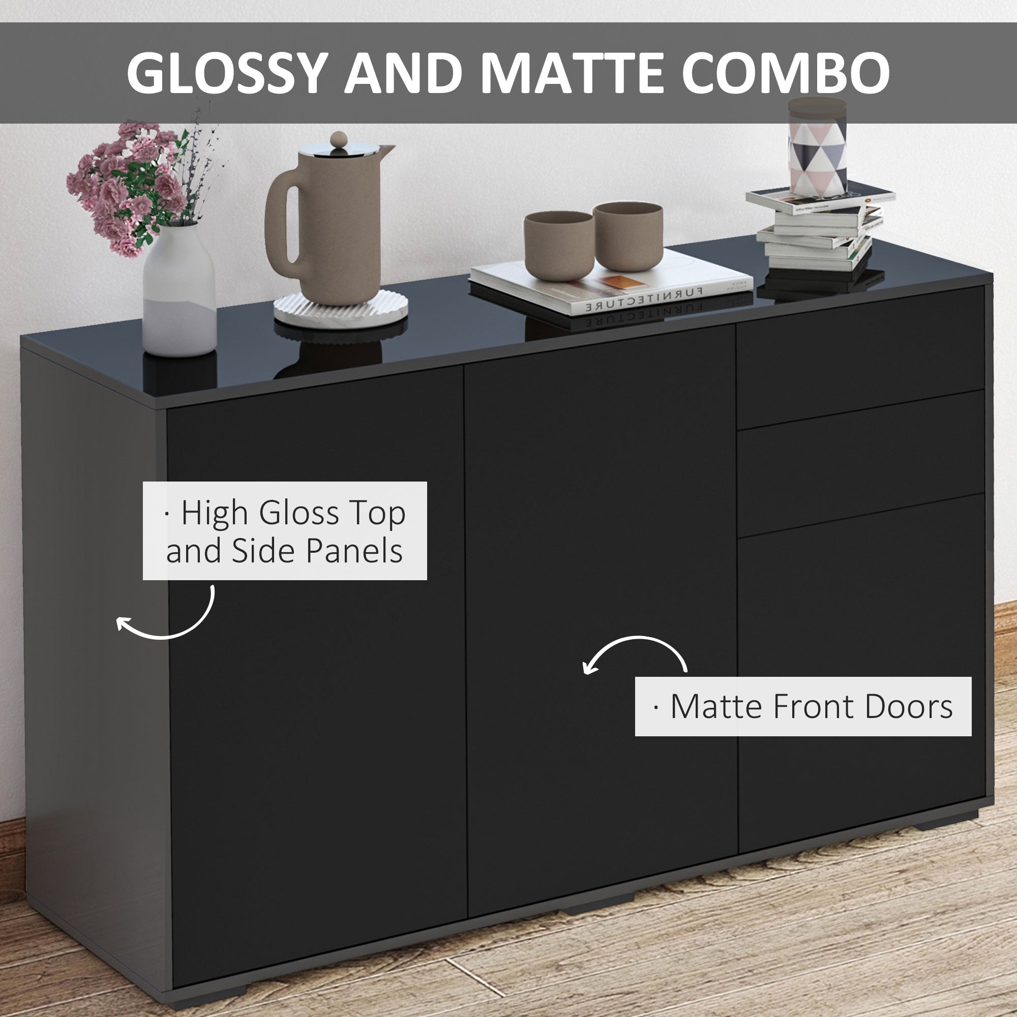 HOMCOM Modern Black Coffee Bar Cabinet: Bedroom & Living Room Sideboard with Push-Open Drawers for Streamlined Design 
