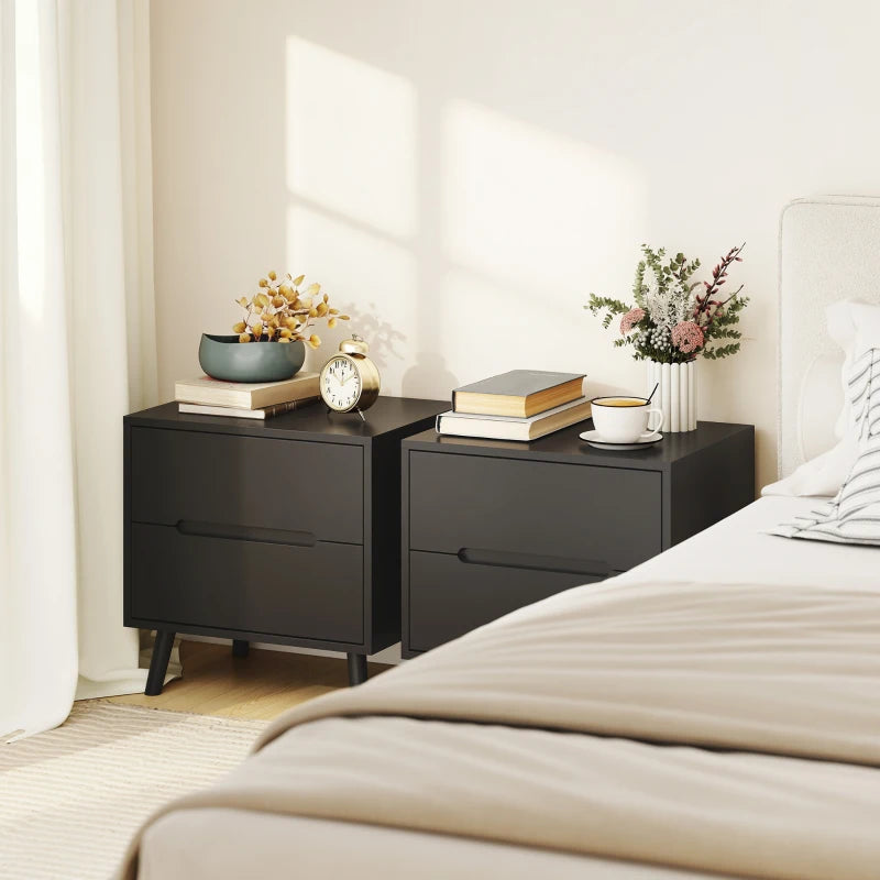 Nightstands Set of 2, Bedside Table with 2 Drawers, Modern Side End Table with Solid  Wood Legs for Bedroom, Black