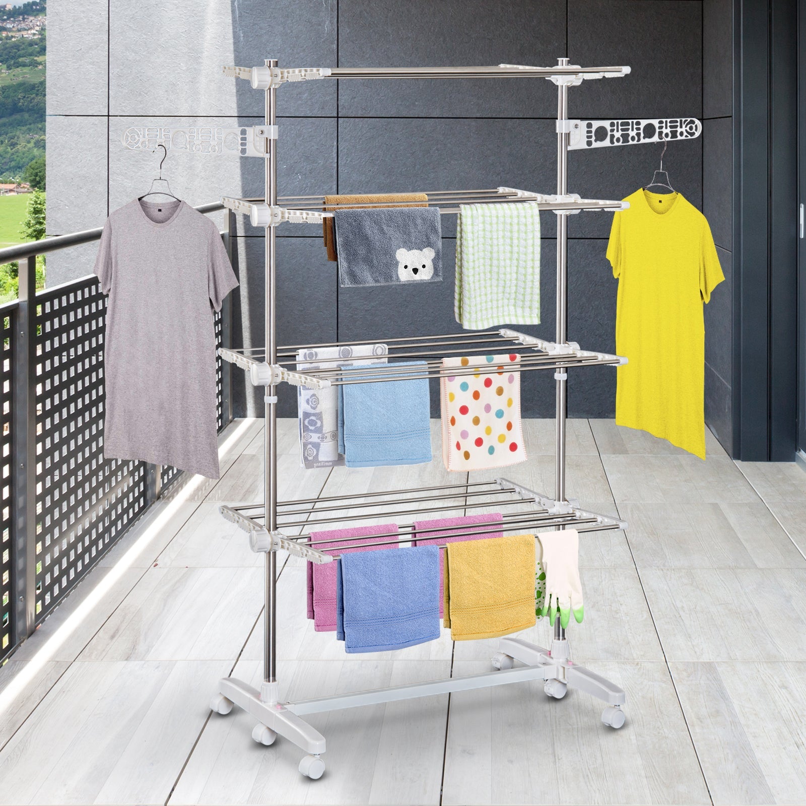 HOMCOM laundry drying rack Rolling Foldable Clothes Drying Rack Heavy-Duty Towel Holder w/ 4 Layers Stainless Steel Hanging Rods 