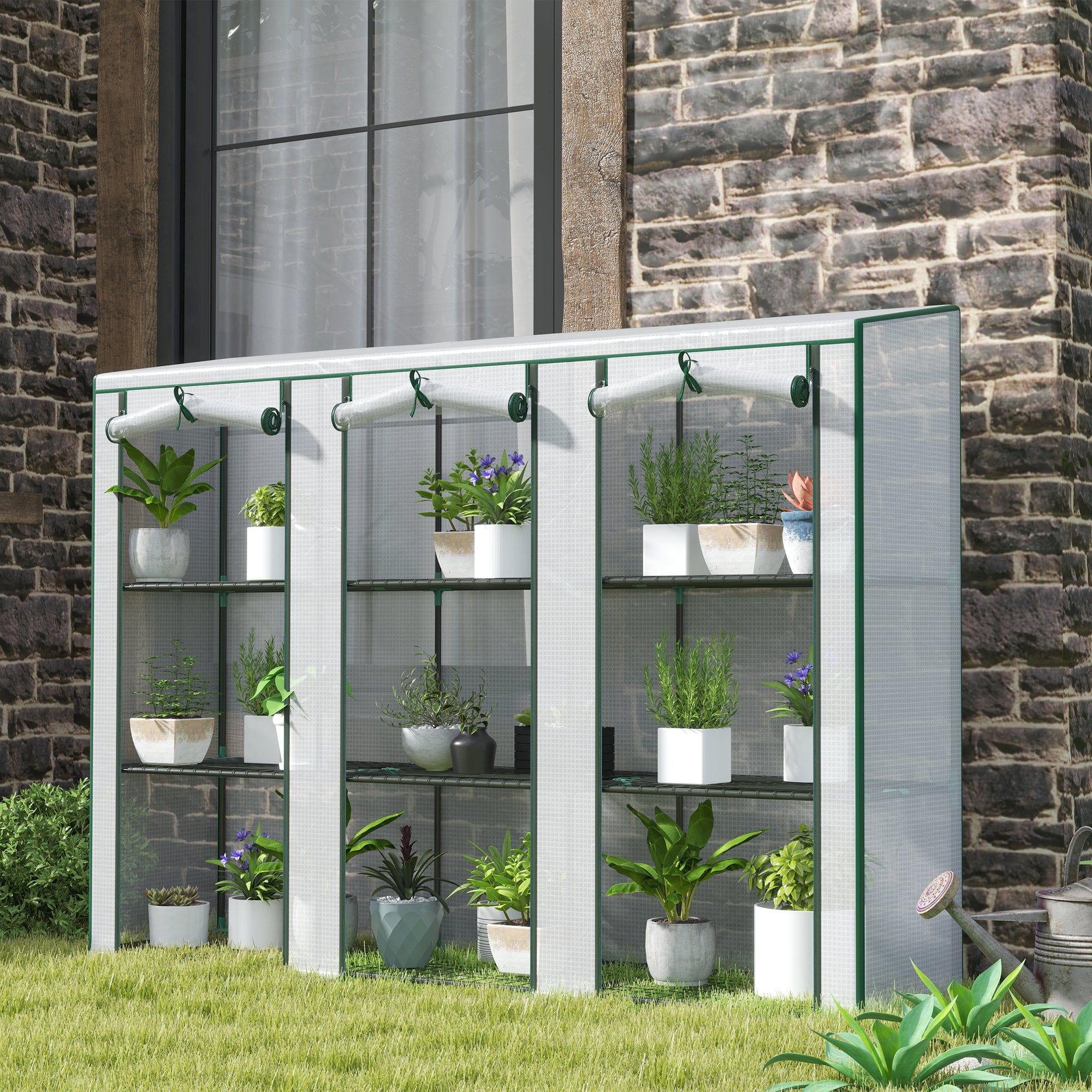 Outsunny Lean-to Greenhouse with 3 Tier Shelves, Mini Greenhouse with 3 Roll-Up Doors for Indoor Outdoor, White 