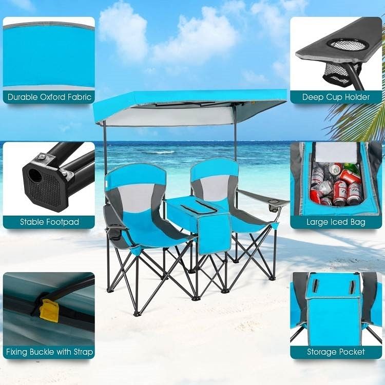Light Blue 2-Piece Folding Canopy Chair Set with Cup Holder and Storage Pocket - Free Shipping 