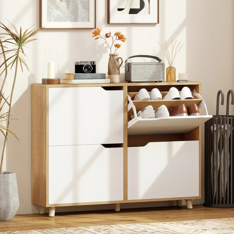 Narrow Shoe Cabinet, Shoe Storage Cabinet with 4 Flip Drawers and Adjustable Shelves for 16 Pairs of Shoes, Natural