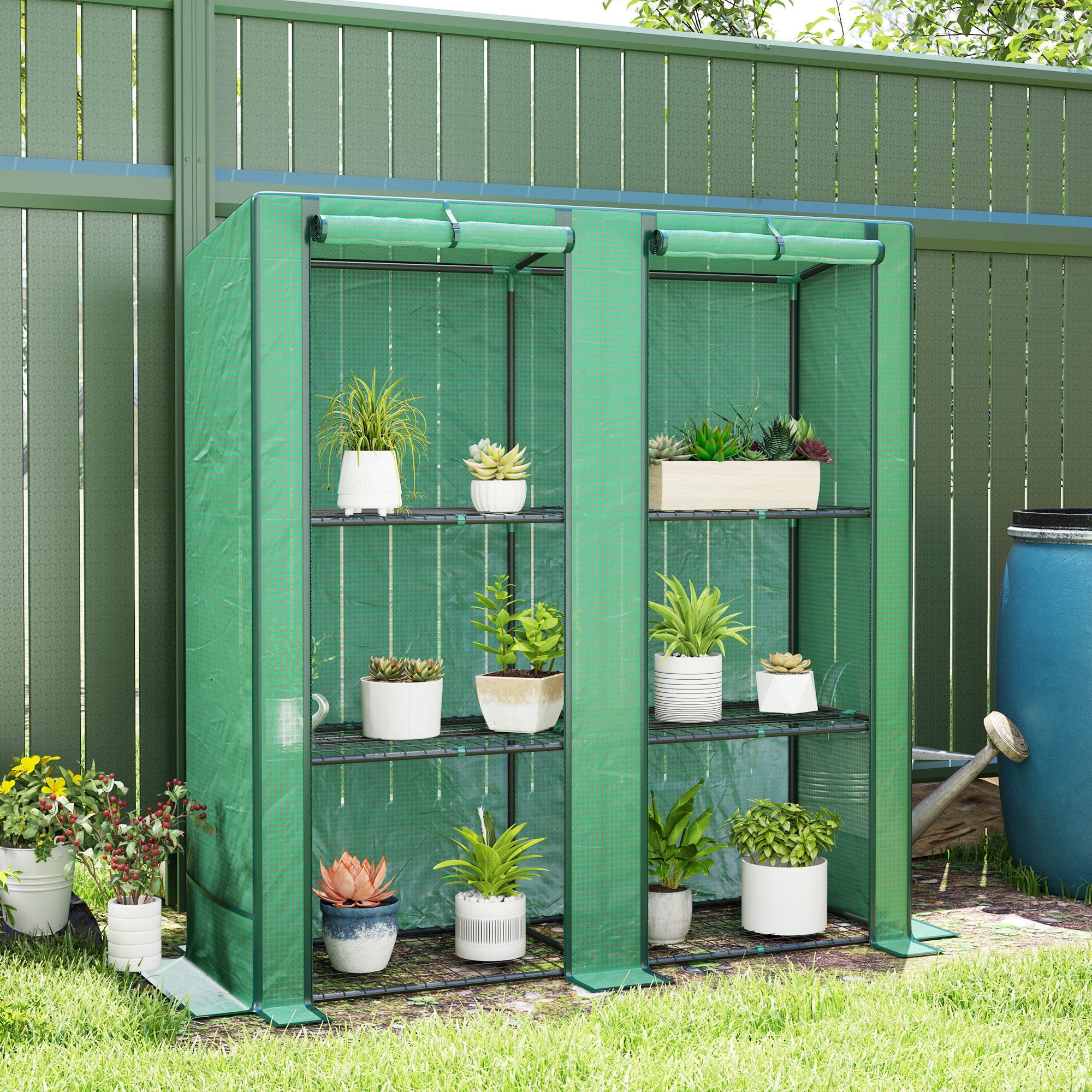 Outsunny Lean-to Greenhouse with 3 Tier Shelves, Mini Greenhouse with 2 Roll-Up Doors for Indoor Outdoor, Green 