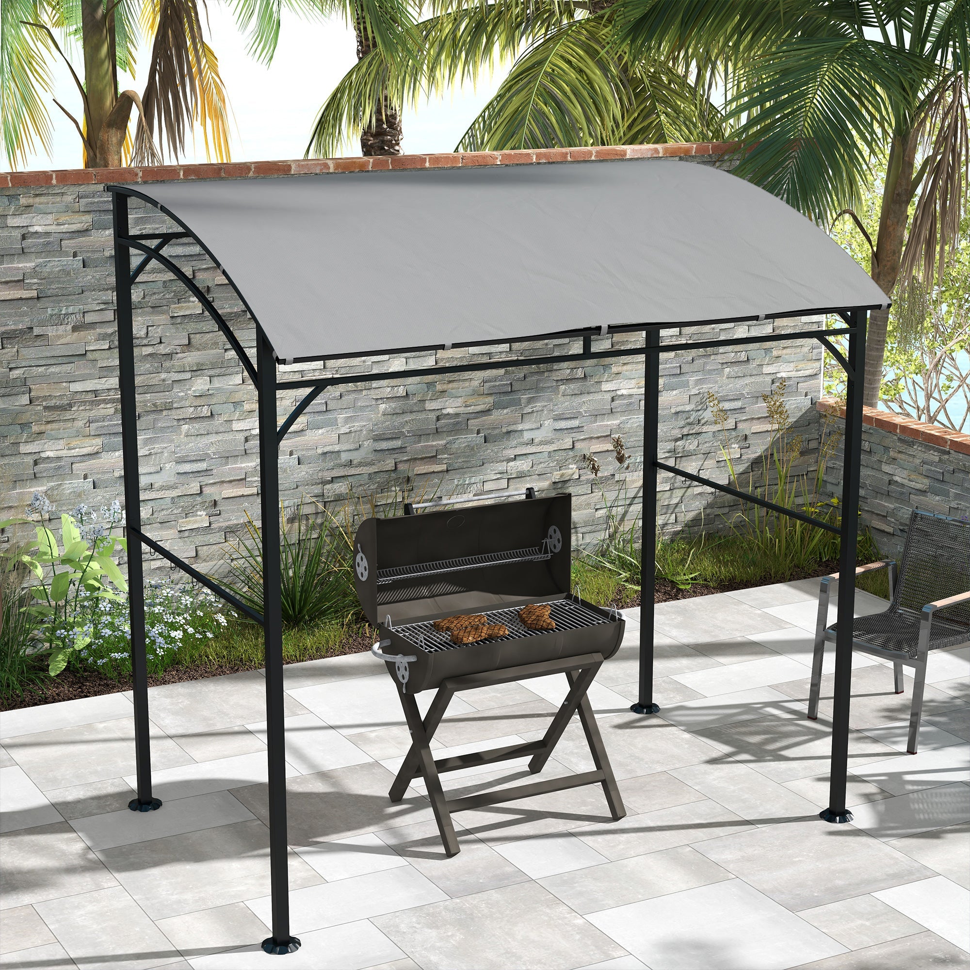Outsunny 7' x 5' Garden Grill Canopy, BBQ Grill Gazebo Tent with Steel Frame and Hooks, Outdoor Sun Shade, Grey 