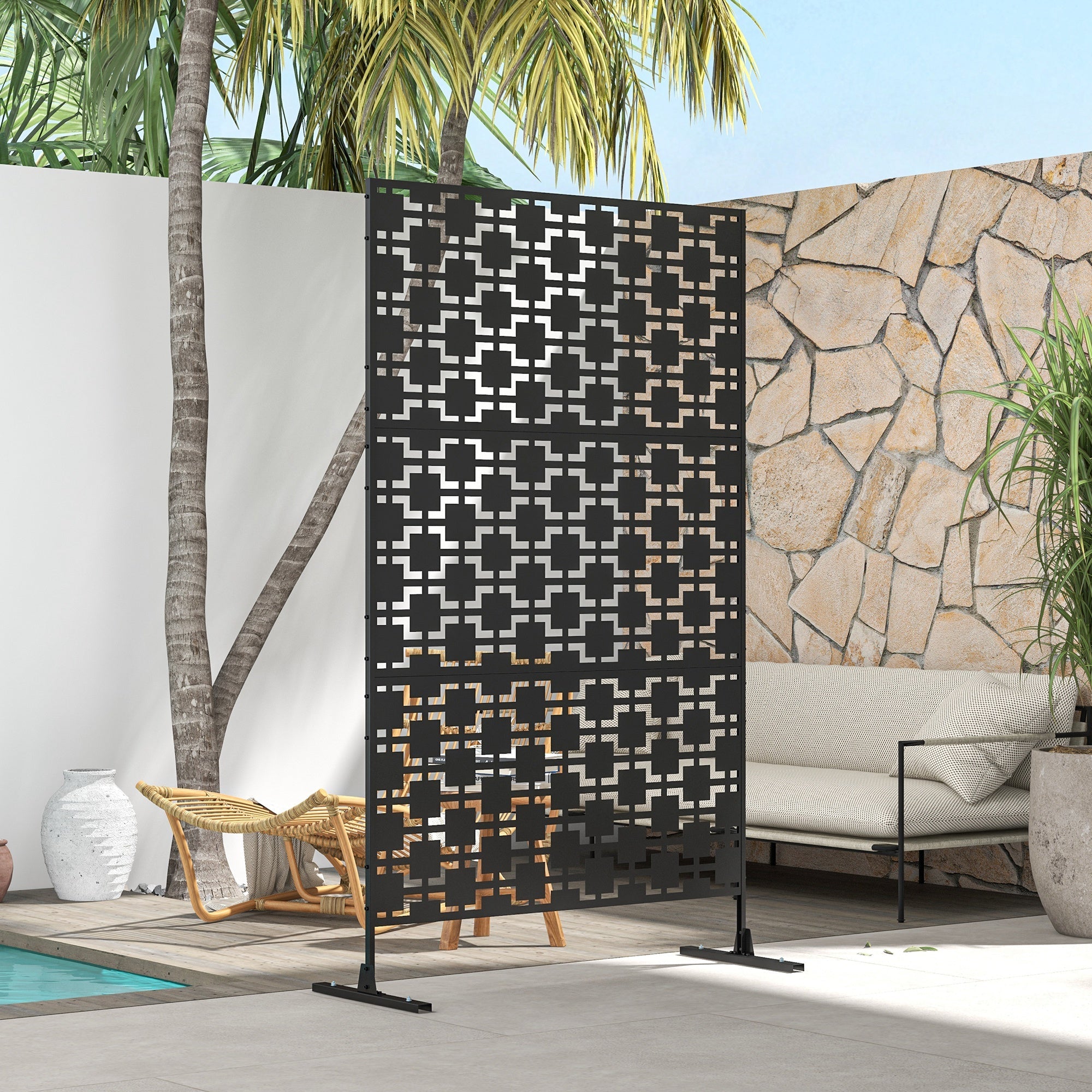 Outsunny 6.5FT Metal Privacy Screen, Outdoor Decorative Divider with Stand, Grid Style in Black| Aosom Canada 