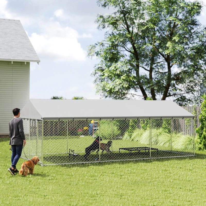 Galvanized Steel Outdoor Dog Kennel with Roof, Safety Locks, for Backyard, 19.7' x 9.8' x 7.1'