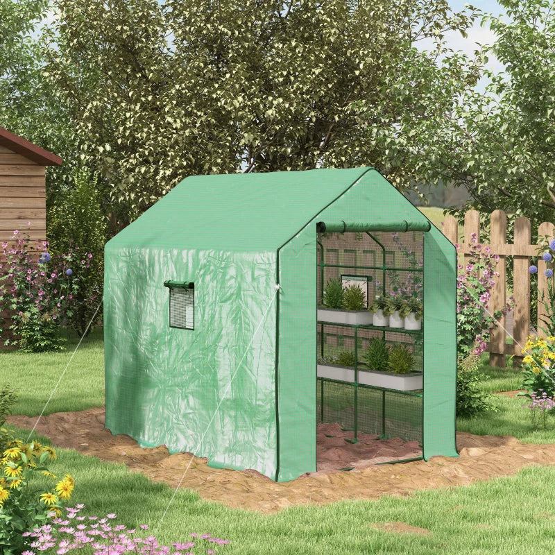 Walk-in Greenhouse with 3 Tier, Garden Plant Growhouse with Roll-up Door and Mesh Windows, 140 x 213 x 190 cm, Green