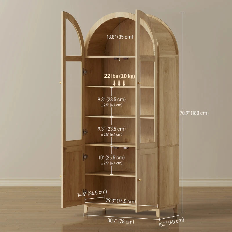 Arched Kitchen Pantry Cabinet, 71" Tall Farmhouse Kitchen Storage Cabinet with Acrylic Glass Doors, Oak