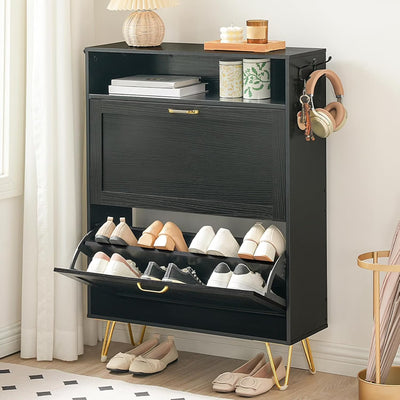HOOBRO 41.3" Shoe Cabinet with 2 Flip Drawers & Open Shelves, Space-Saving Entryway Shoe Storage Cabinet, Black