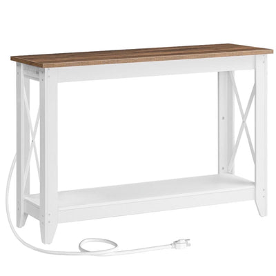 HOOBRO 47.2" Console Table with Charging Station, Farmhouse Entryway Sofa Table with Storage Shelf, Oak Brown & Antique White