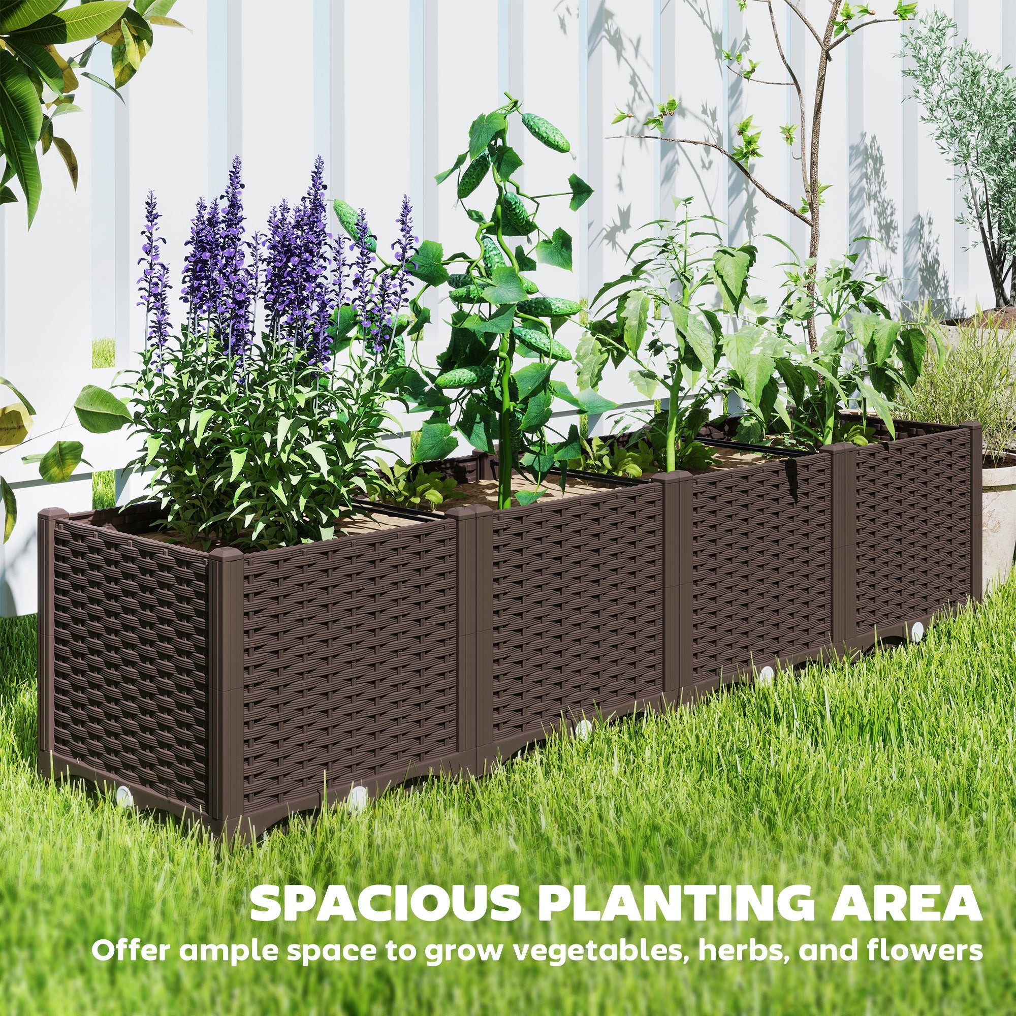 Outsunny Plastic Raised Garden Bed, Outdoor Planter Box with Drainage Holes for Patio, Balcony, 63" x 15.7" x 14.6", Brown 