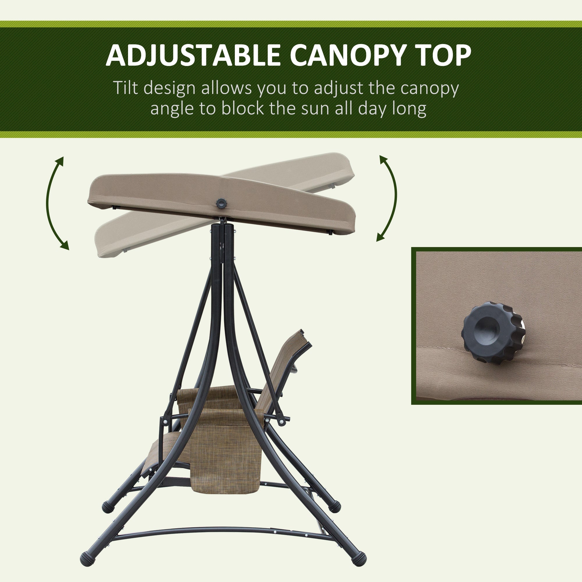 Outsunny 3 Person Porch Swing Outdoor Swing Chair with High Back Design, Side Pouches and Adjustable Canopy, Brown 