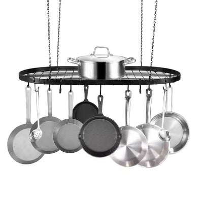 Black Carbon Steel Ceiling Mount Oval Hanging Kitchen Pot Rack with 12 Hooks - Free Shipping 