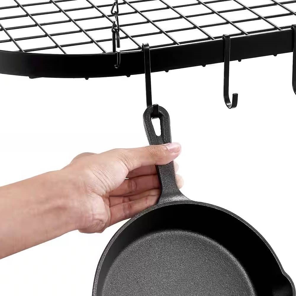 Black Carbon Steel Ceiling Mount Oval Hanging Kitchen Pot Rack with 12 Hooks - Free Shipping