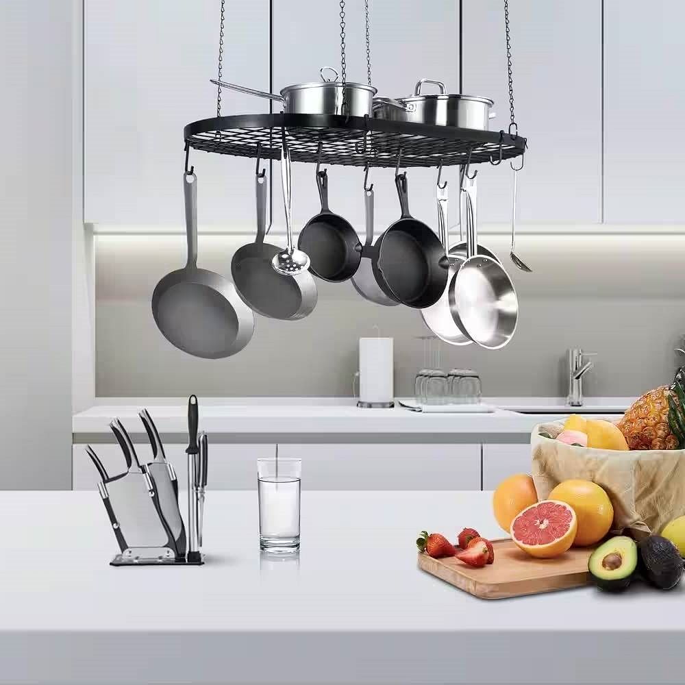 Black Carbon Steel Ceiling Mount Oval Hanging Kitchen Pot Rack with 12 Hooks - Free Shipping