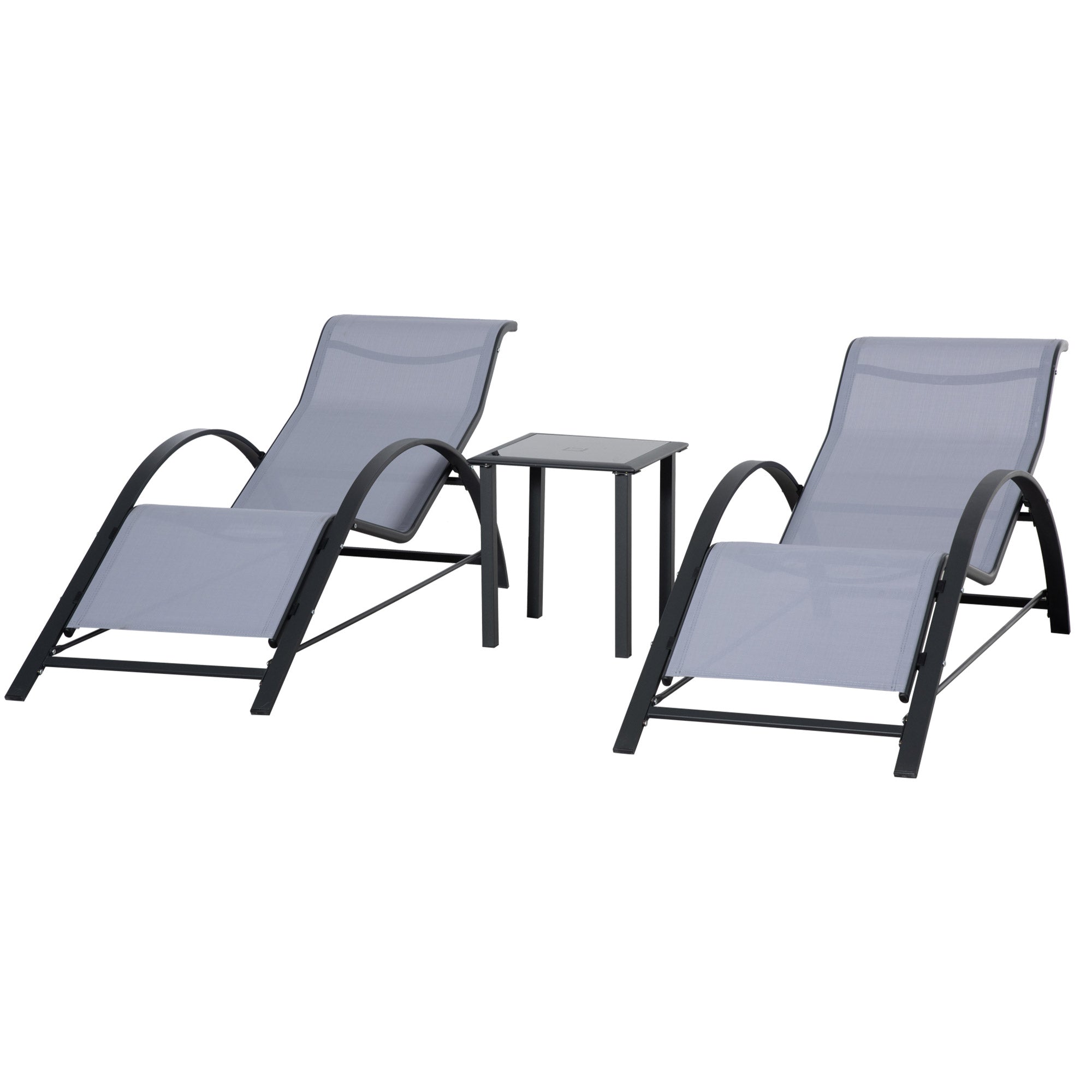 Outsunny 3Pc Patio Lounge Set with 2 S-Shaped Chairs Glass Table Outdoor Seating Light Grey 