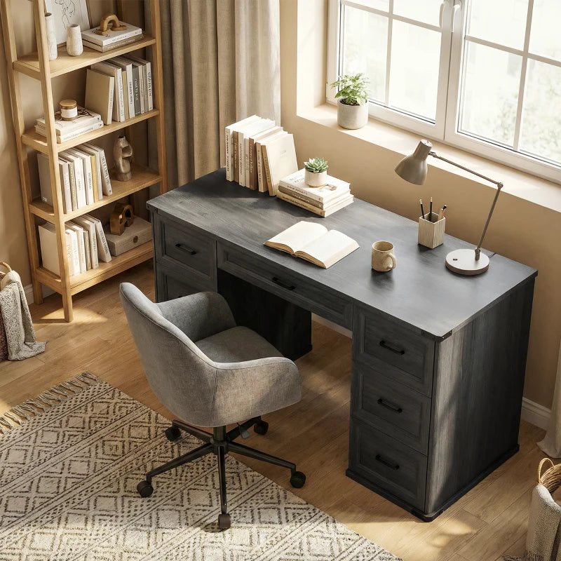 55" Computer Desk with 7 Drawers, Farmhouse Executive Desk for Home Office, Study, Bedroom, Black Wood Grain