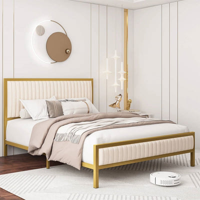 Queen size Gold Metal Platform Bed Frame with Beige White Upholstered Headboard - Free Shipping 