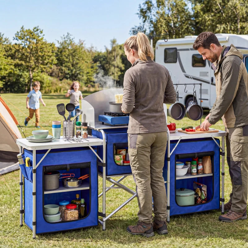 Aluminum Camping Kitchen, Portable Folding Camping Table with Fabric Cupboards, Windshield, Bag for BBQ, Picnic, Blue