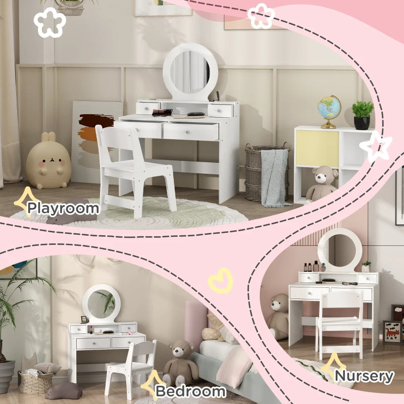Qaba Kids Vanity Set, Children Makeup Table with Mirror, Stool and Storage Drawers, for Ages 3-8, White