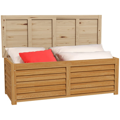 Outsunny 176L Outdoor Storage Box, Wooden Deck Storage Container with 2 Safety Hinges for Balcony, Porch, Poolside, Light Brown 