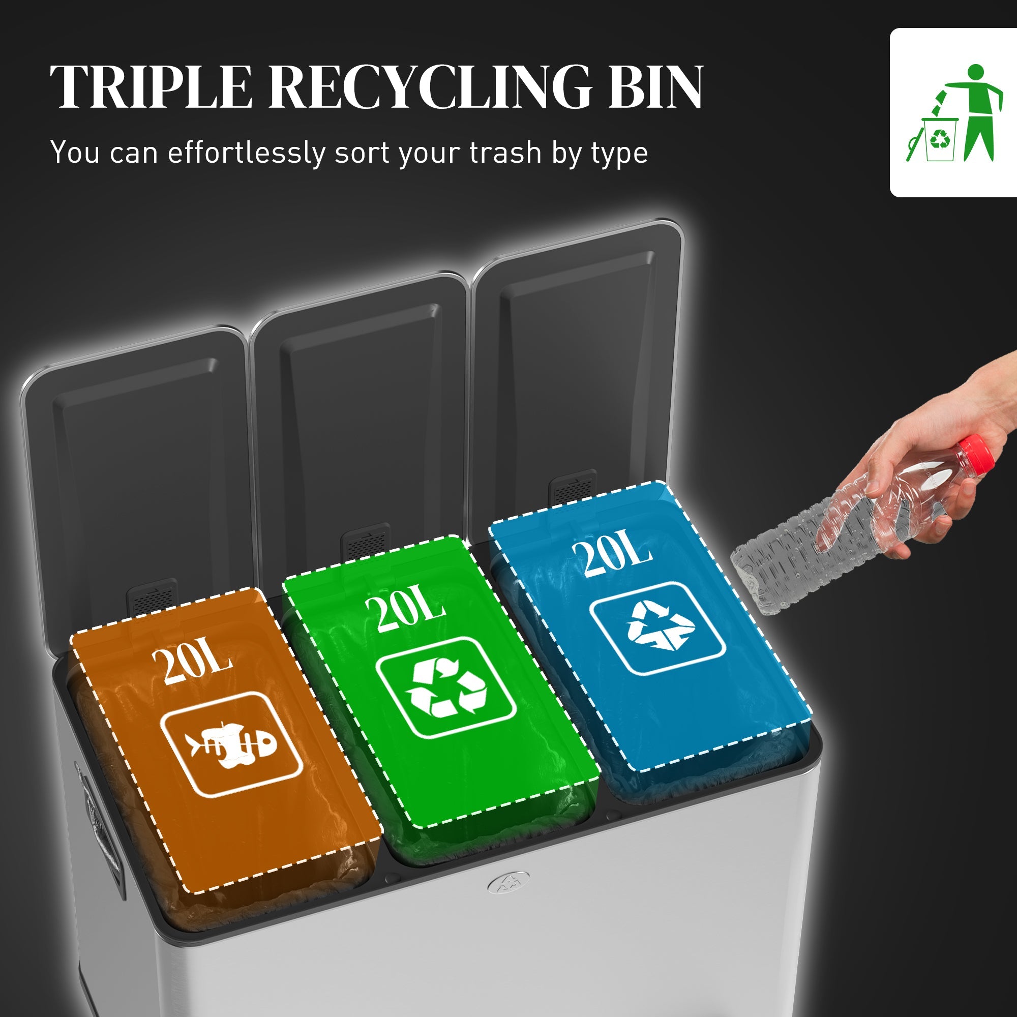 HOMCOM Triple Garbage Bin, Soft-Close Trash Can with Foot Pedal, 3 x 20 Liter Garbage Can with Removable Inner Buckets, Silver 