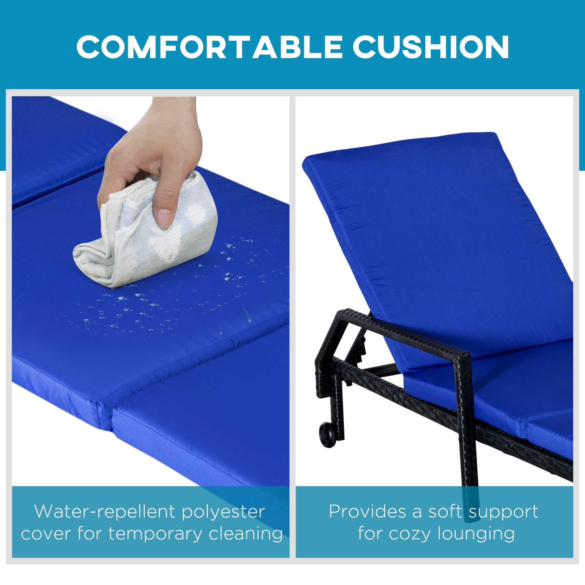 Outsunny Outdoor PE Rattan Wicker Sun Chaise Lounger Recliner Garden Chair with 5-Level Adjustable Backrest and 2 Wheels, Dark Blue 