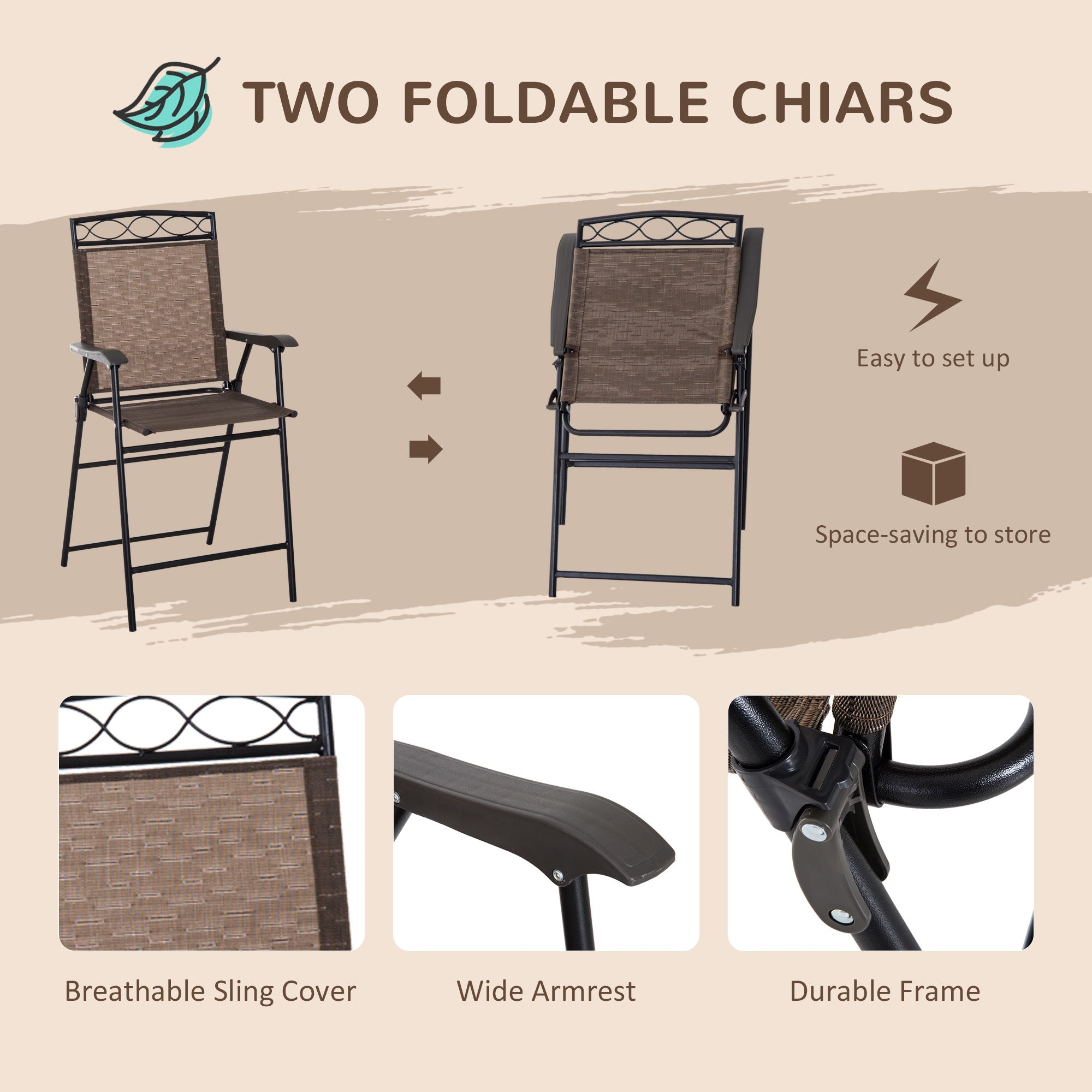 Outsunny 4 Piece Patio Bar Set Sling Folding Outdoor Furniture with Umbrella Brown for Poolside Backyard Garden 