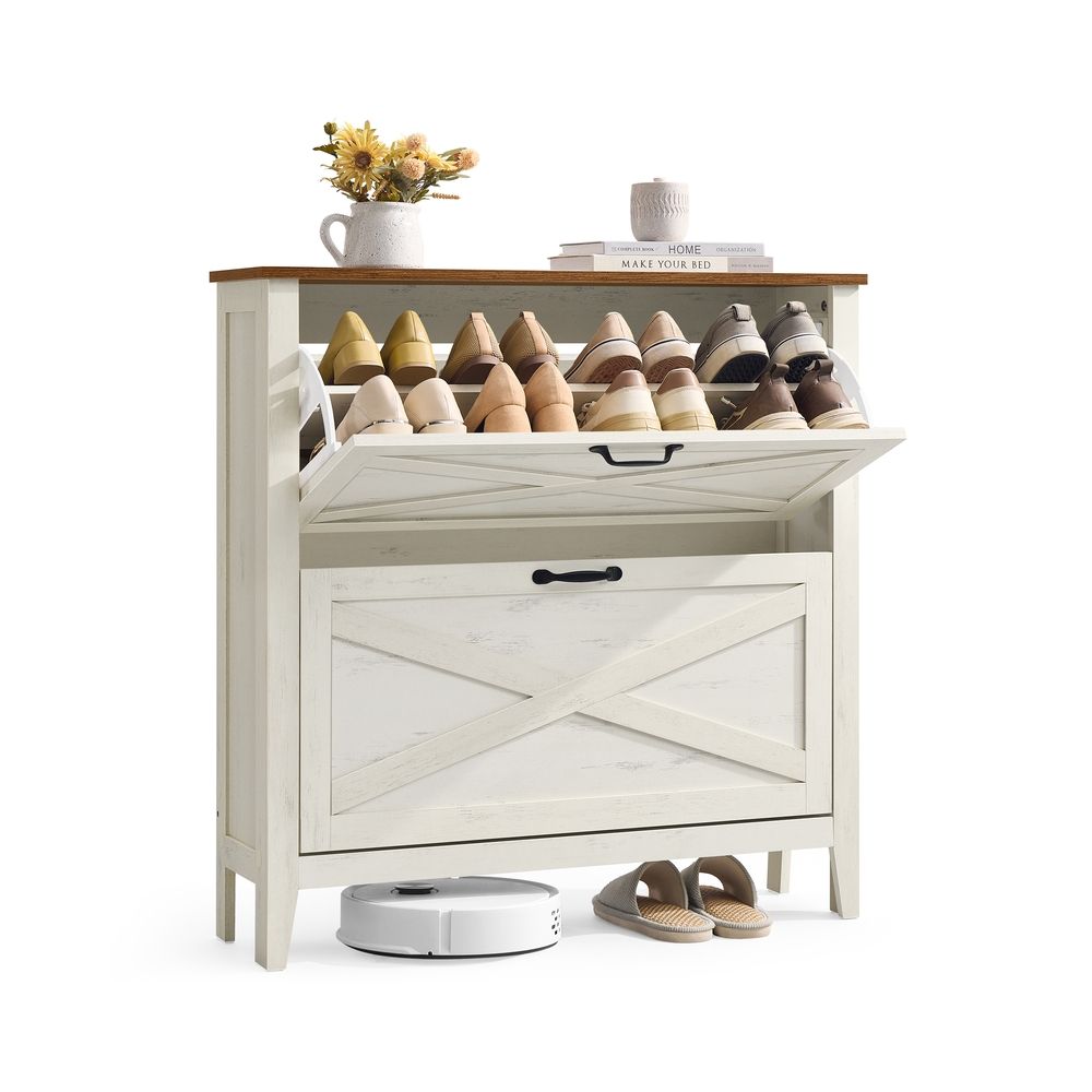 VASAGLE LIRY Collection Shoe Storage Cabinet Organizer with 3 Flip Drawers – Rustic White