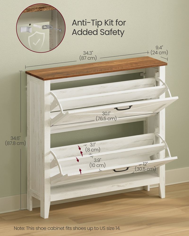 VASAGLE LIRY Collection Shoe Storage Cabinet Organizer with 3 Flip Drawers – Rustic White