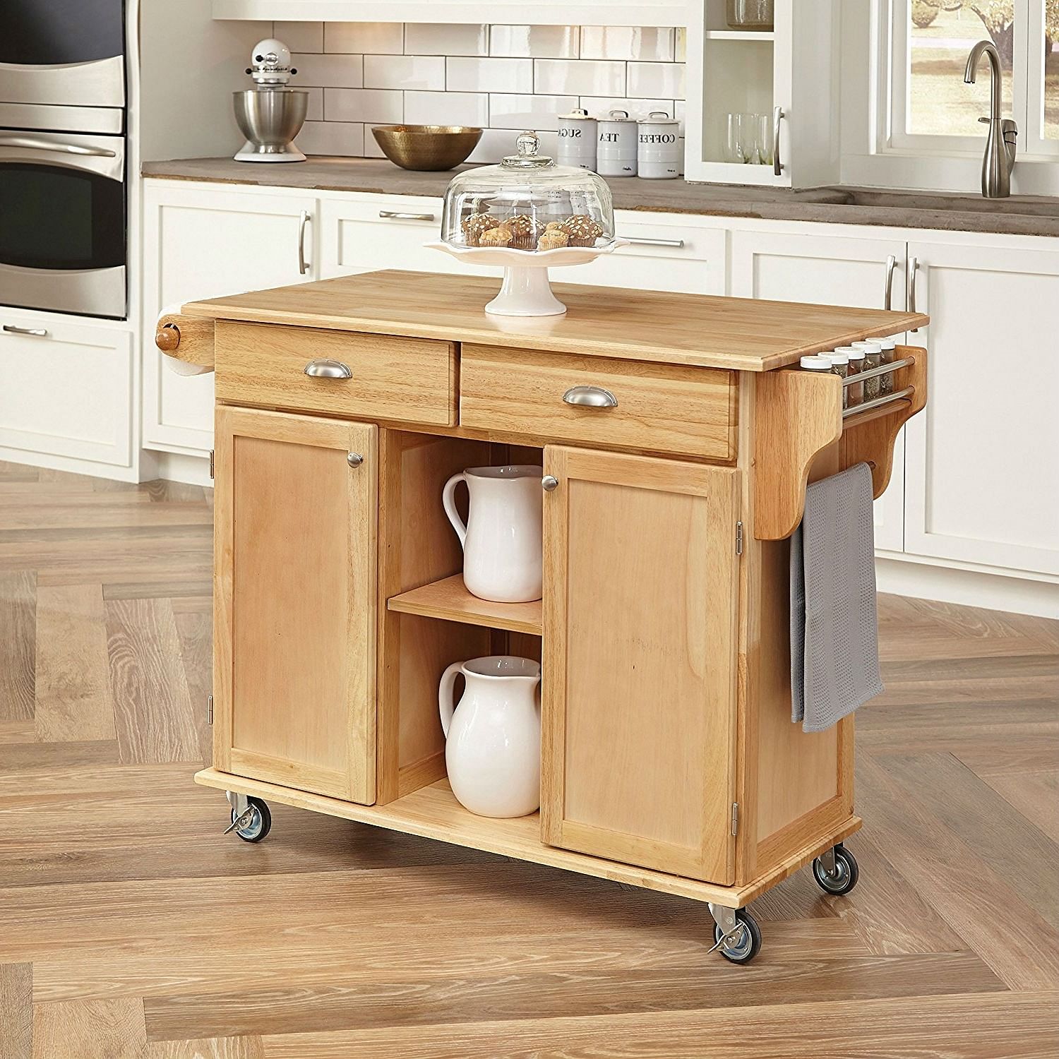 Natural Wood Finish Kitchen Island Cart with Locking Casters - Free Shipping