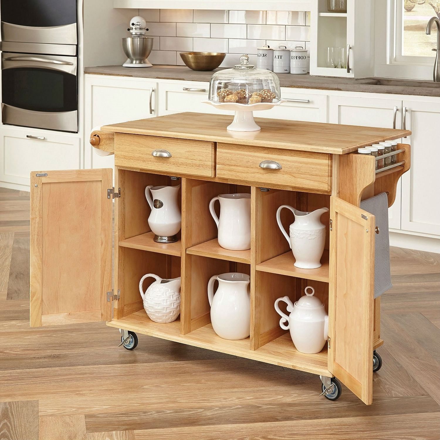 Natural Wood Finish Kitchen Island Cart with Locking Casters - Free Shipping 