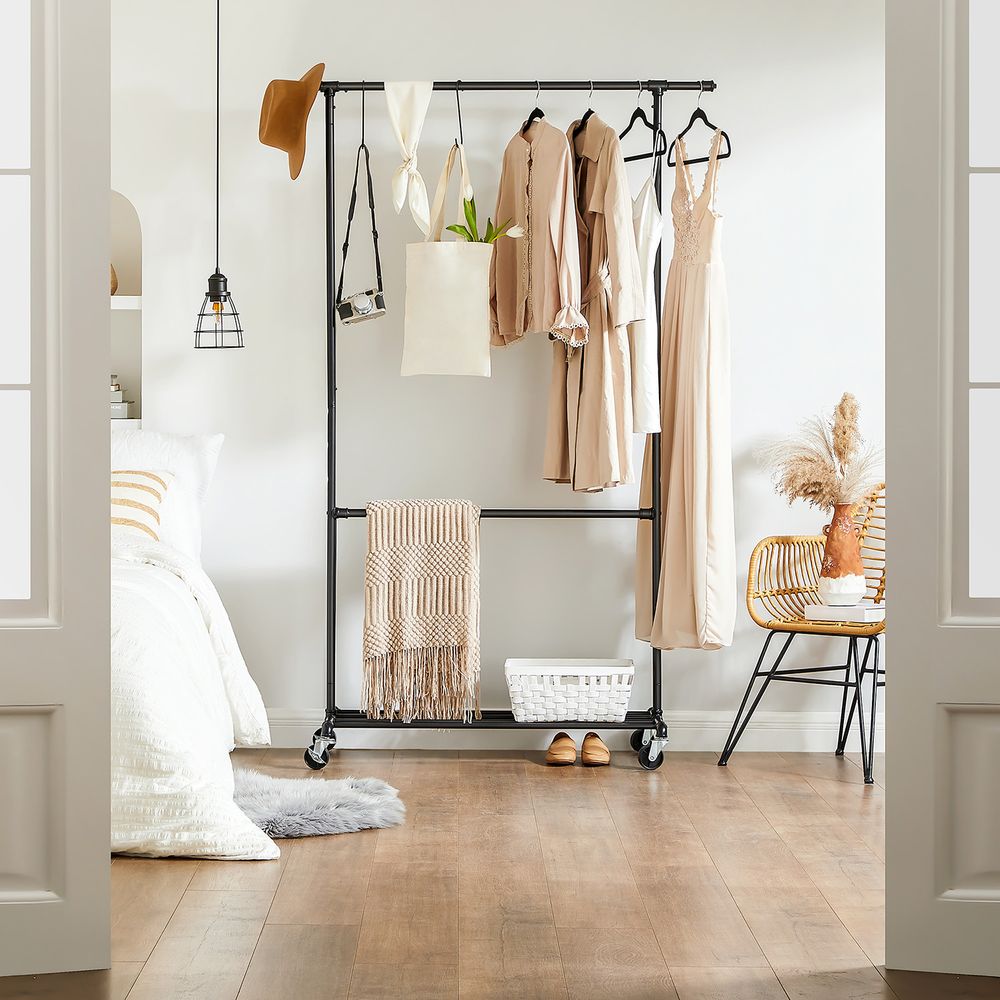 SONGMICS Industrial Double Rod Metal Clothing Rack on Wheels 