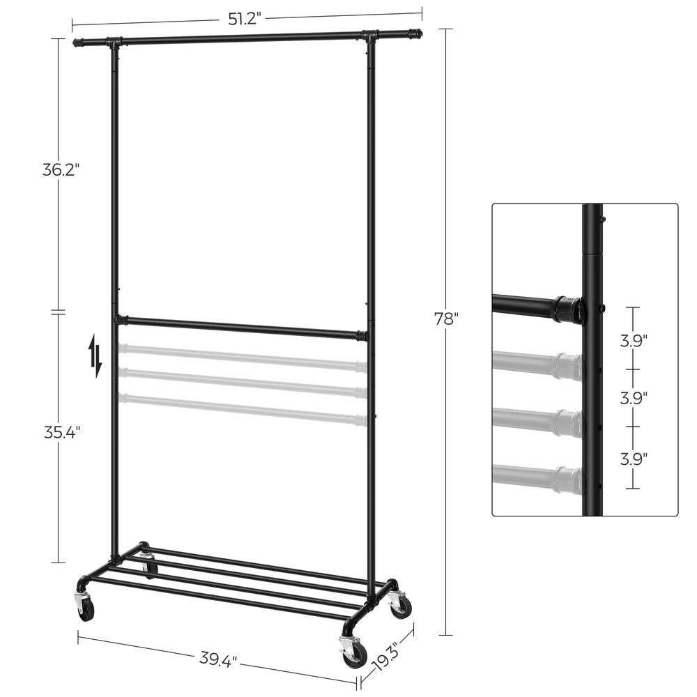 SONGMICS Industrial Double Rod Metal Clothing Rack on Wheels 