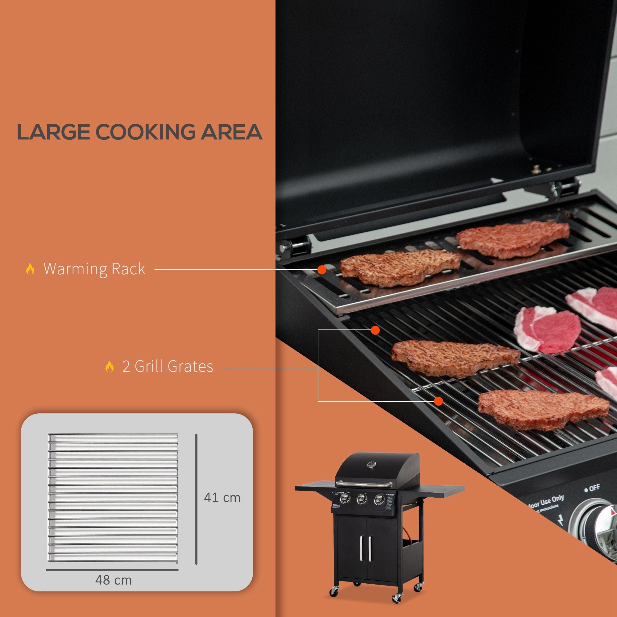 Outsunny Outdoor 3 Burner Gas Grill Portable Barbecue w/ Wheels, Warming Rack, Shelves, Cabinet, Thermometer, Black 