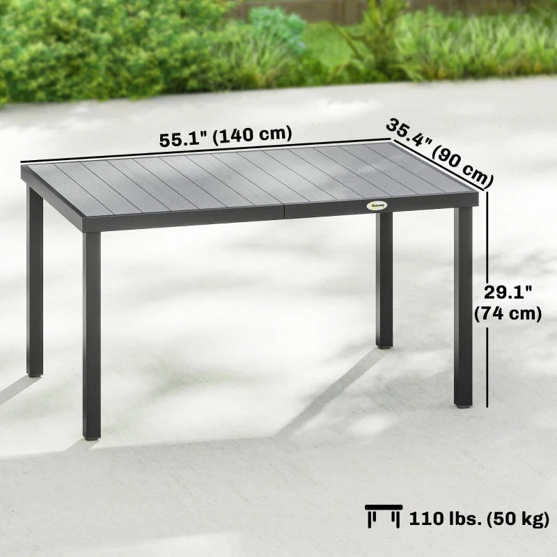 Rectangular Patio Table for 6, Outdoor Dining Table with Wood-Plastic Composite Top and Steel Frame for Garden, Grey