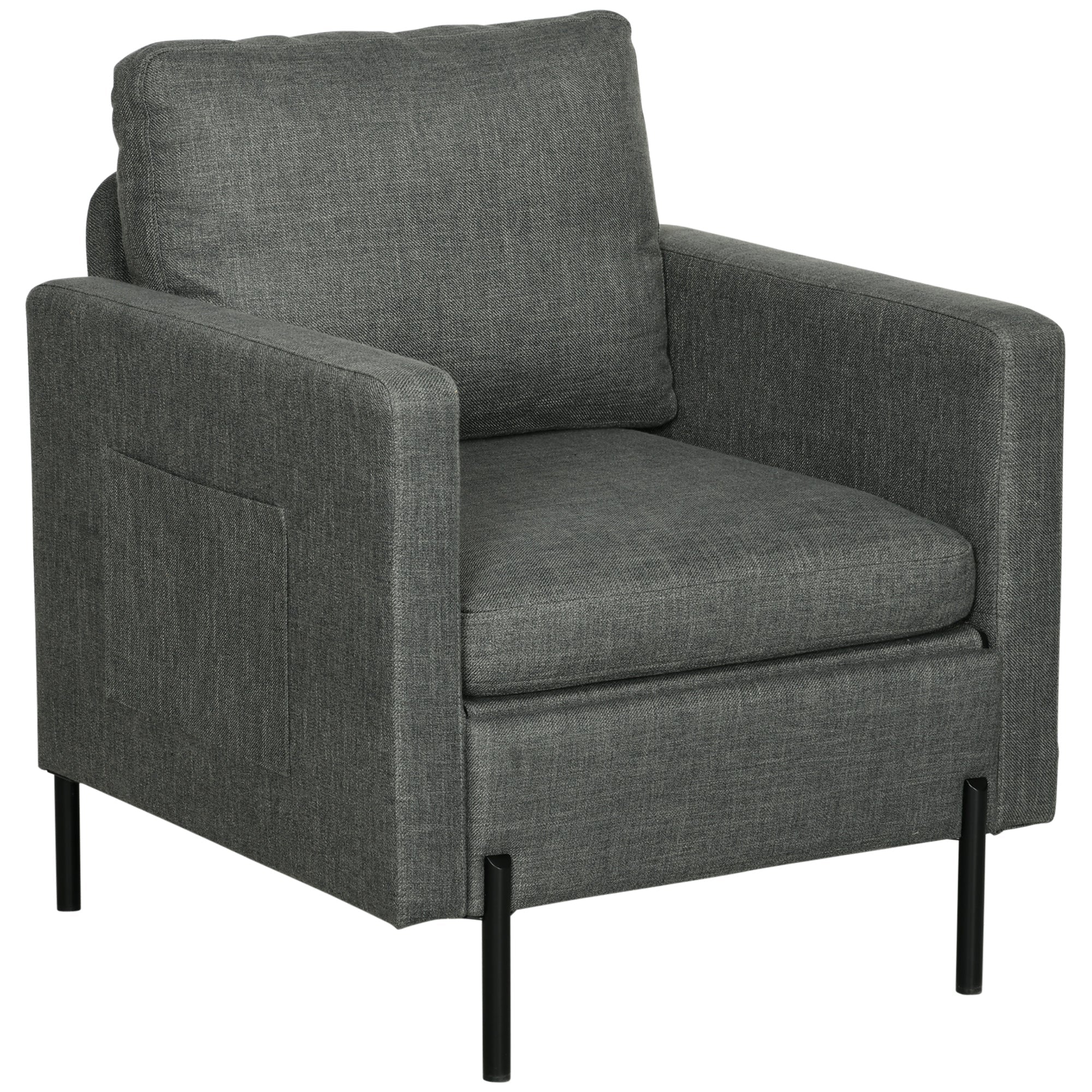 HOMCOM Cozy Armchair with Pockets: Fabric Upholstery on Sleek Metal Frame, Charcoal Grey 