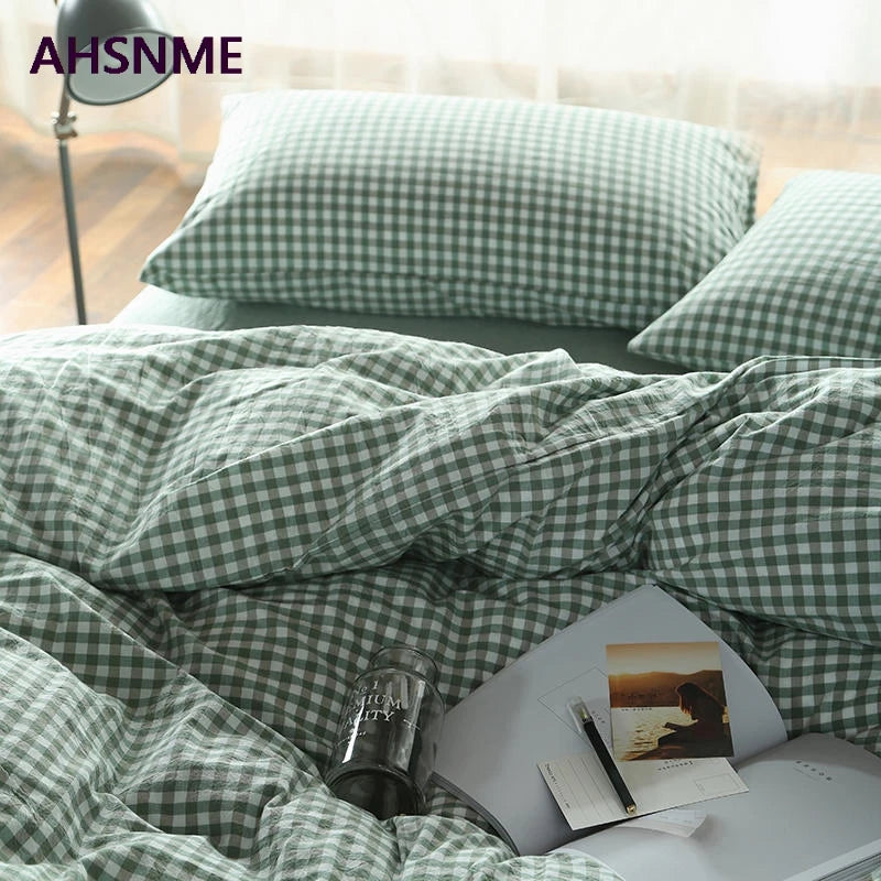 AHSNME 100% Cotton Nevresim Takımları – Super Soft Bedclothes, Cool Summer Light Green Small Plaid Duvet Cover, Comforter