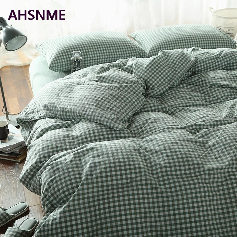 AHSNME 100% Cotton Nevresim Takımları – Super Soft Bedclothes, Cool Summer Light Green Small Plaid Duvet Cover, Comforter