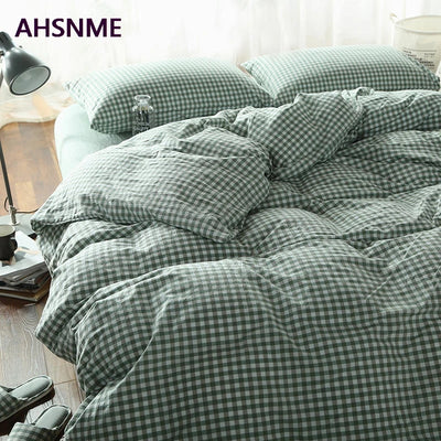 AHSNME 100% Cotton Nevresim Takımları – Super Soft Bedclothes, Cool Summer Light Green Small Plaid Duvet Cover, Comforter 