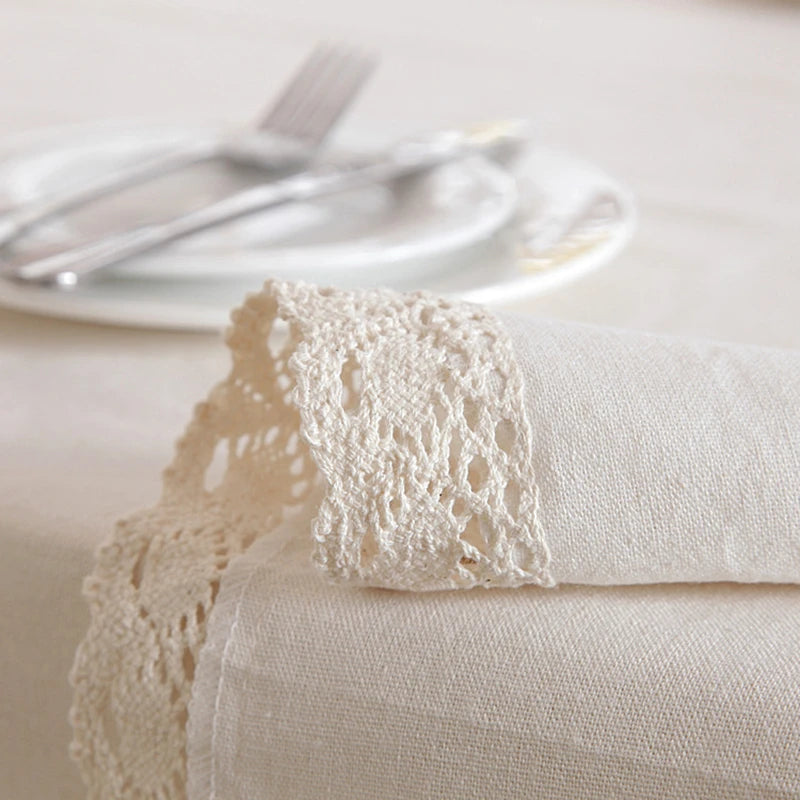 Christmas Linen Cotton Thicken Solid Tablecloth White Lace Hem Splice Washable Coffee Dinner Table Cloth for Wedding Banquet