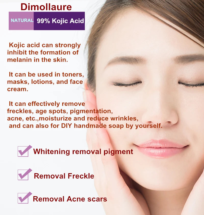 100g Dimollaure Pure 99% Kojic Acid Powder – Skin Whitening Cream for Freckles, Melasma, and Pigment Removal