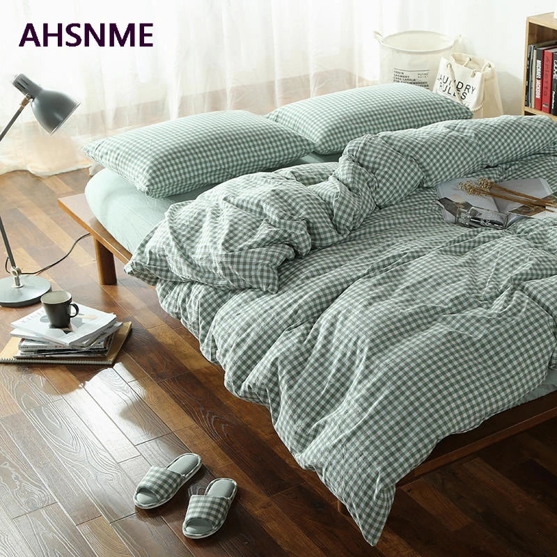 AHSNME 100% Cotton Nevresim Takımları – Super Soft Bedclothes, Cool Summer Light Green Small Plaid Duvet Cover, Comforter